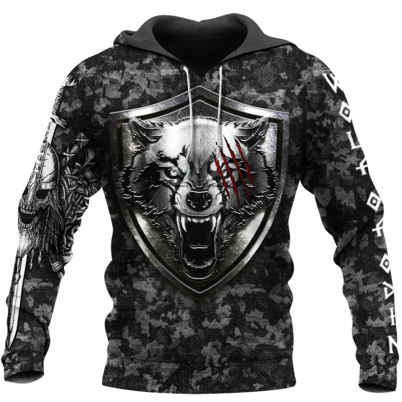 Viking Hoodie Norse Wolf Shield Hammer Camo Front