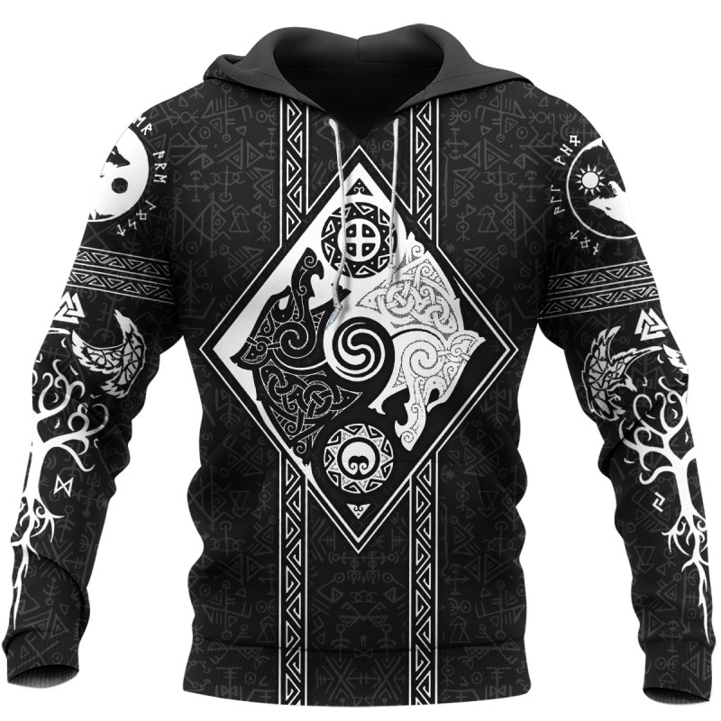 Viking Hoodie Sons of Fenrir Skoll and Hati Valknut Shield Front