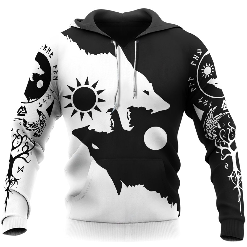 Viking Hoodie Yin Yang Geri and Freki Wolves Of Odin Front