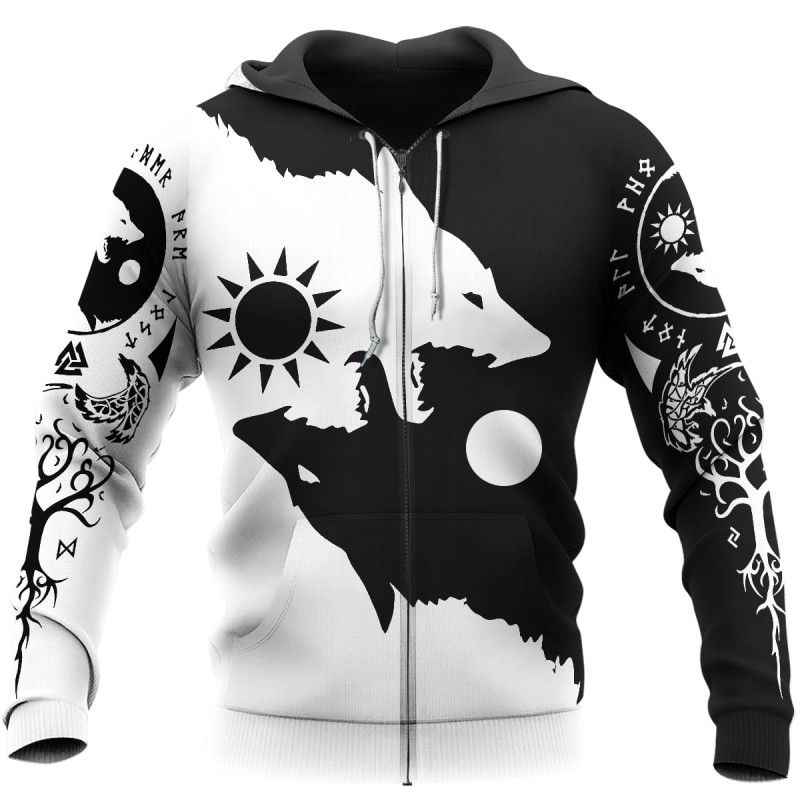 Viking Hoodie Yin Yang Geri and Freki Wolves Of Odin Zip