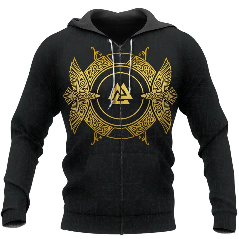 Viking Hoodie Raven Spear Of Odin Gungnir Golden Color Design Zip