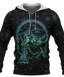 Viking Hoodie Fenrir Wolf Design Winter With Snowflakes Front