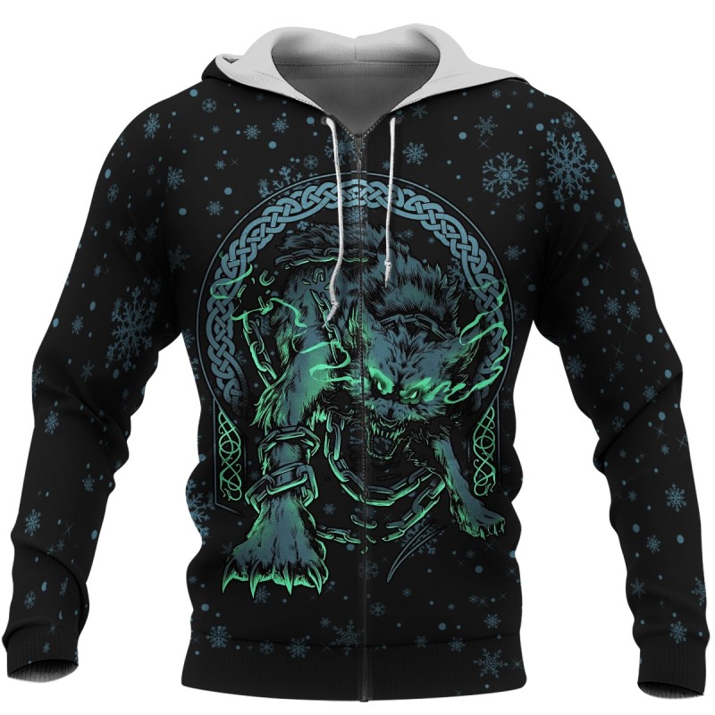 Viking Hoodie Fenrir Wolf Design Winter With Snowflakes Zip