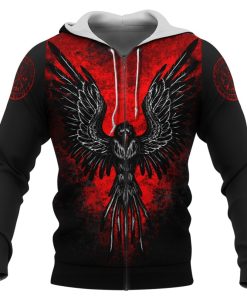 Viking Hoodie Flaming Raven Vegvisir Rune Zip