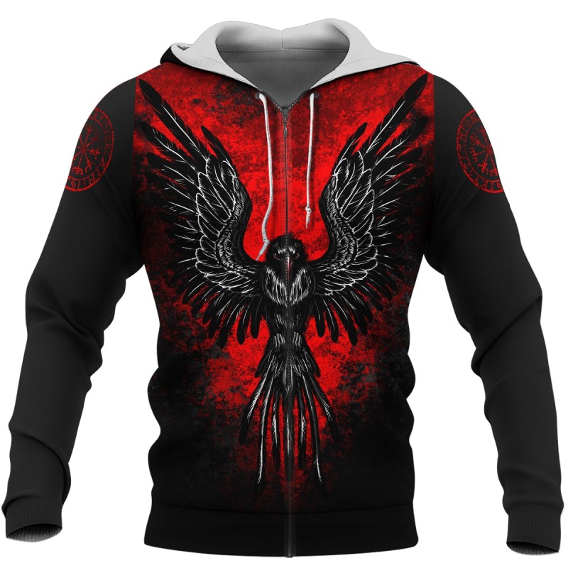 Viking Hoodie Flaming Raven Vegvisir Rune Zip