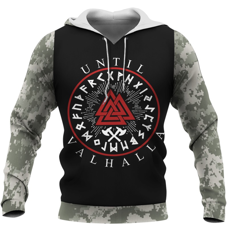 Viking Hoodie Until Valhalla Valknut Rune Axe Camo Front