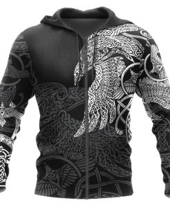 Viking Hoodie Raven With Hammer Line Art Zip