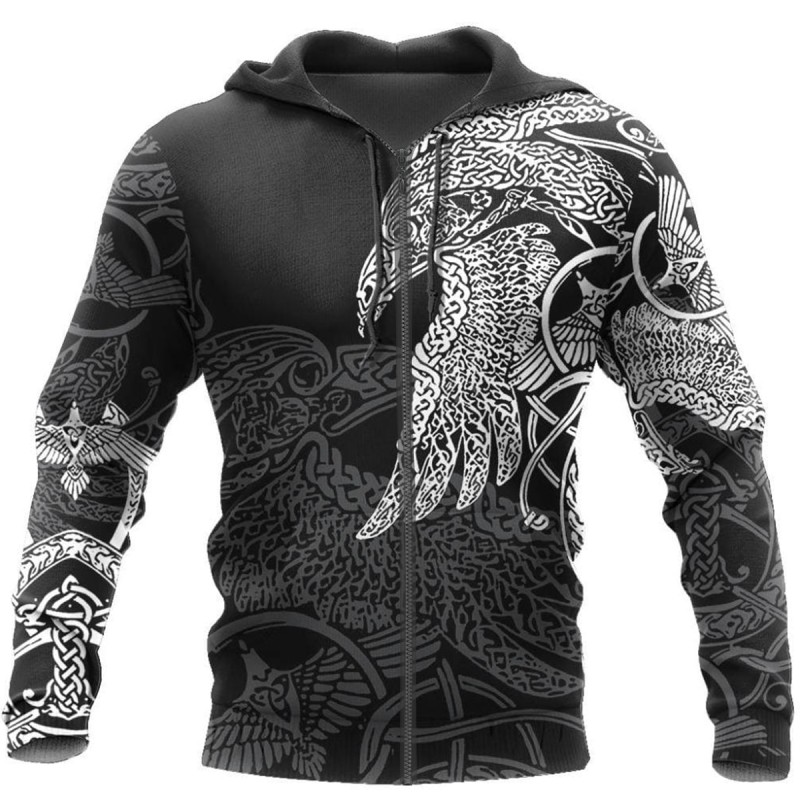 Viking Hoodie Raven With Hammer Line Art Zip