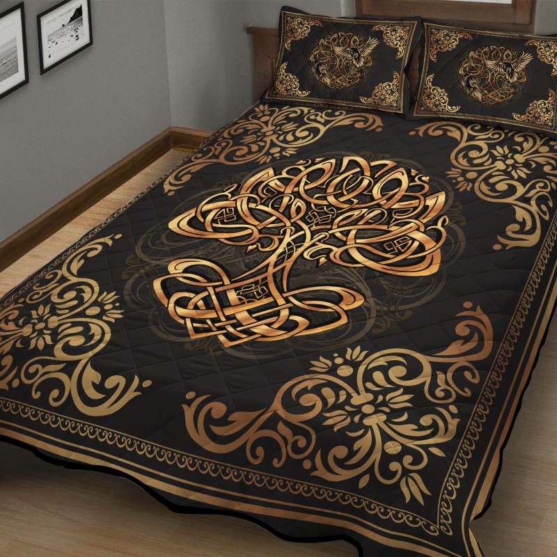 Viking Quilt Bedding Set Yggdrasil Odin's ravens Huginn and Muninn 1