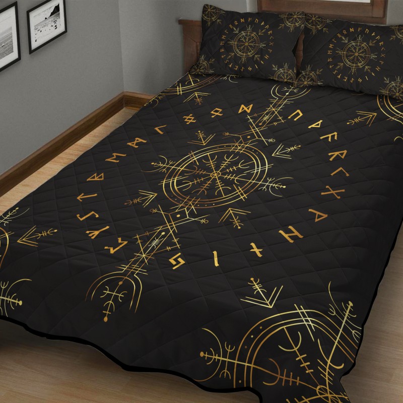 Viking Quilt Bedding Set Vegvisir And Rune Golden 1