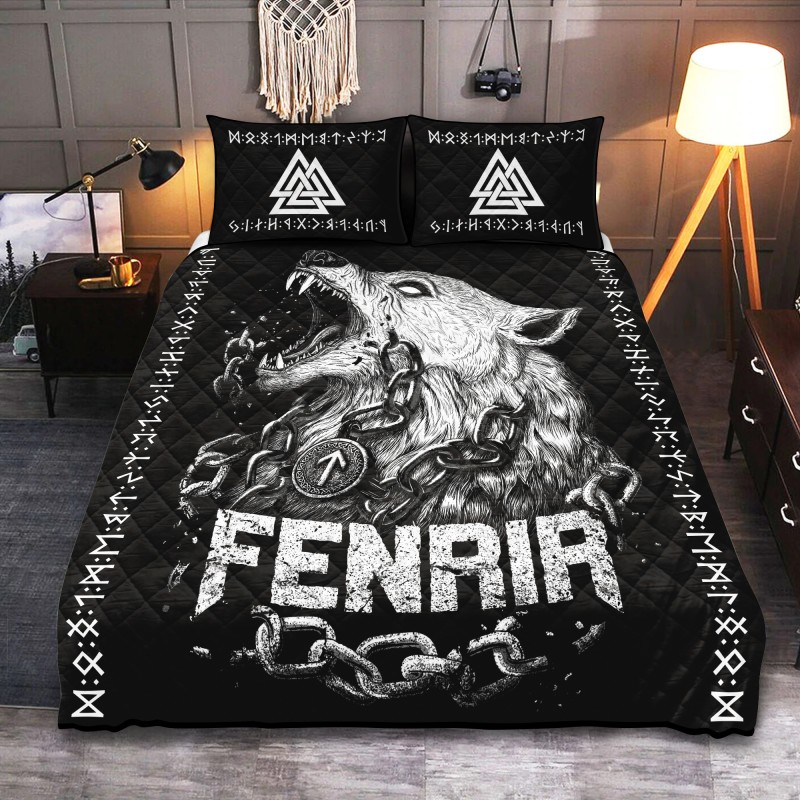 Viking Quilt Bedding Set Fenrir Norse Wolf And Valknut