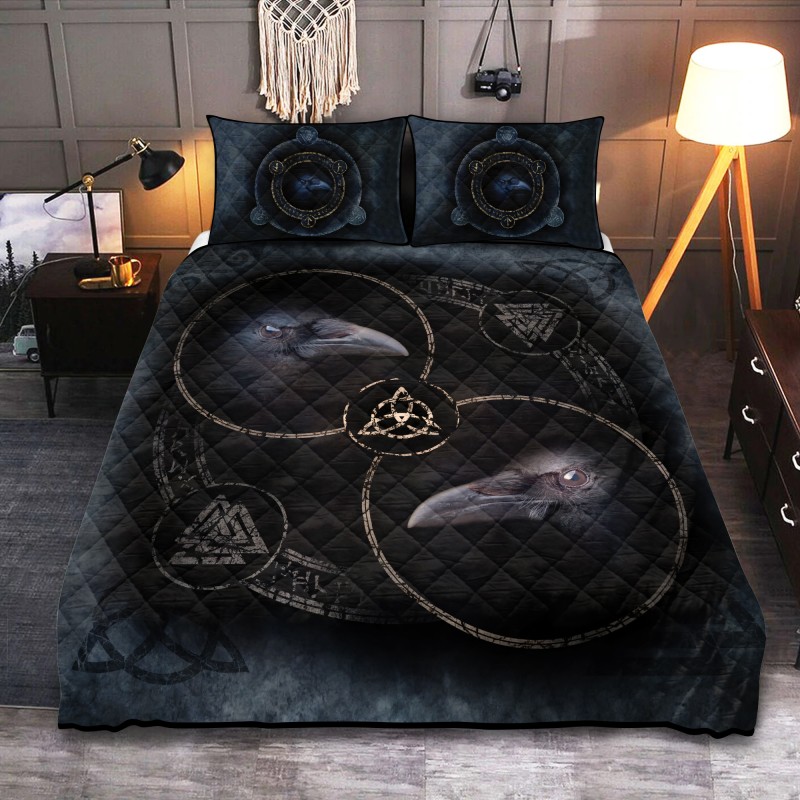 Viking Quilt Bedding Set Norse Raven And Runic Symbols