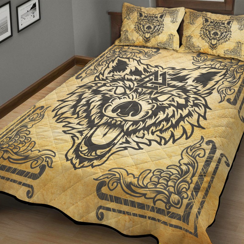 Viking Quilt Bedding Set Norse Mythology Wolf Valknut Vintage 1