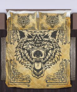 Viking Quilt Bedding Set Norse Mythology Wolf Valknut Vintage 3