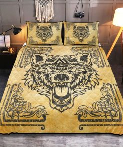 Viking Quilt Bedding Set Norse Mythology Wolf Valknut Vintage