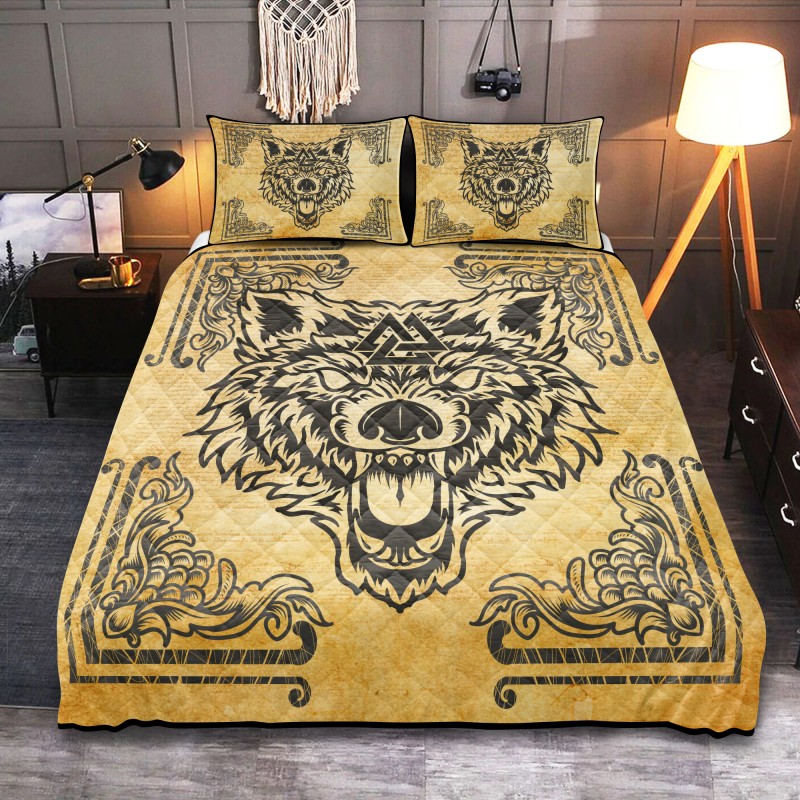 Viking Quilt Bedding Set Norse Mythology Wolf Valknut Vintage