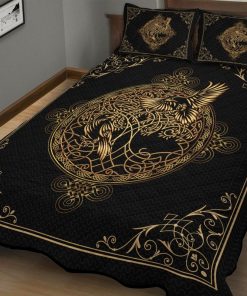 Viking Quilt Bedding Set Raven Hugin and Munin Yggdrasil Line Art 1