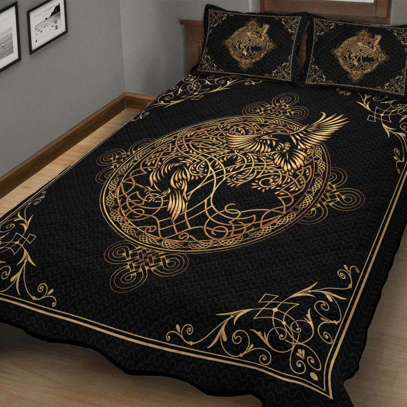 Viking Quilt Bedding Set Raven Hugin and Munin Yggdrasil Line Art 1