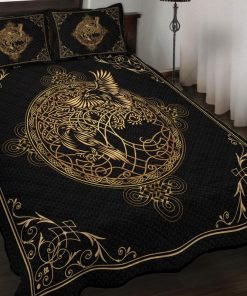 Viking Quilt Bedding Set Raven Hugin and Munin Yggdrasil Line Art 2