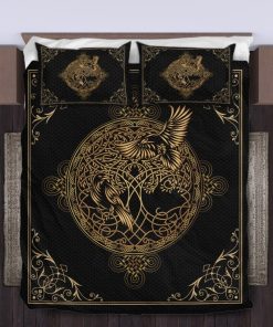 Viking Quilt Bedding Set Raven Hugin and Munin Yggdrasil Line Art 3