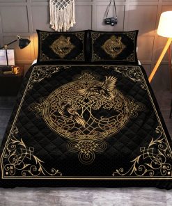 Viking Quilt Bedding Set Raven Hugin and Munin Yggdrasil Line Art