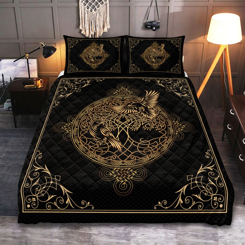 Viking Quilt Bedding Set Raven Hugin and Munin Yggdrasil Line Art