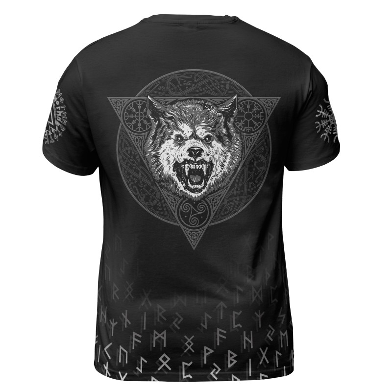 Viking T-shirt Wolf With Old Norse Symbols Back