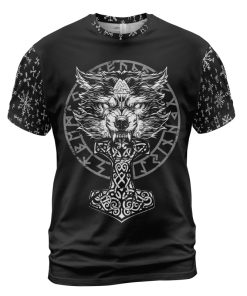 Viking T-shirt Wolf Hammer Raven Valknut Minimalist Front