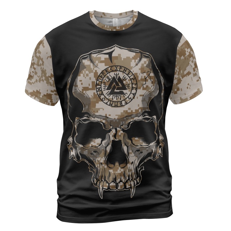 Viking T-shirt Skull Pattern Camouflage Valknut And Jormungandr Front