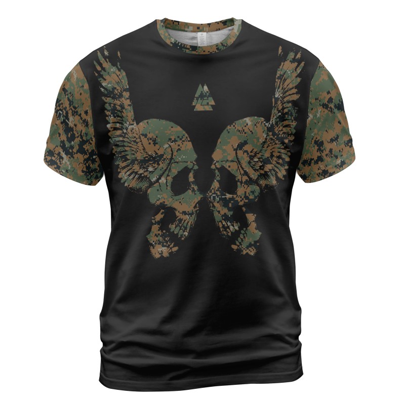 Viking T-shirt Winged Skull And Hammer Camo Front