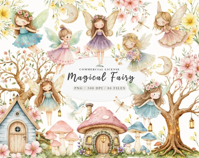 Watercolor magical Garden Fairies Clipart, Cute nature fairies Forest ...