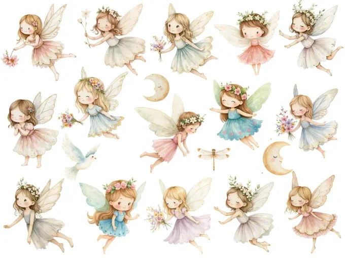Watercolor magical Garden Fairies Clipart, Cute nature fairies Forest ...