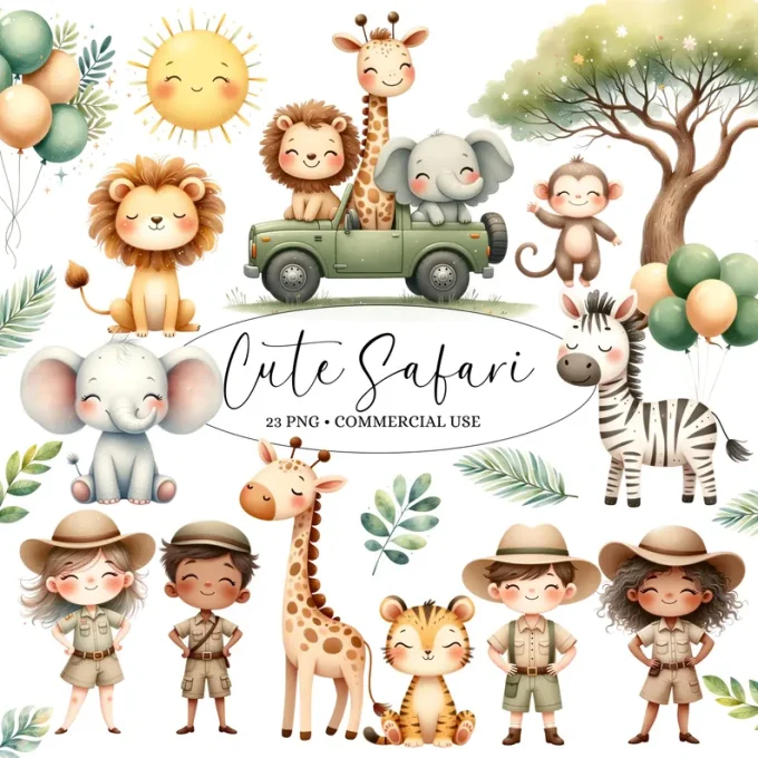 Cute Safari Animal Clipart – Jungle Animals Png – Watercolor – Nursery ...