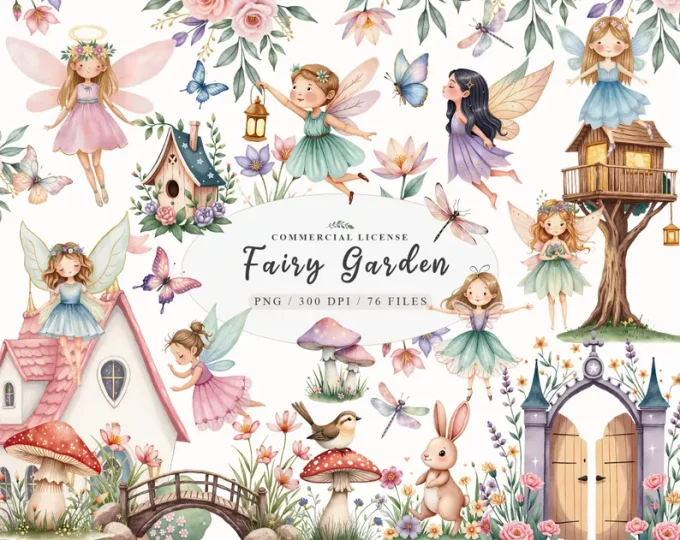 Watercolor magical garden pink fairies clipart Bundle, Cute fantasy ...