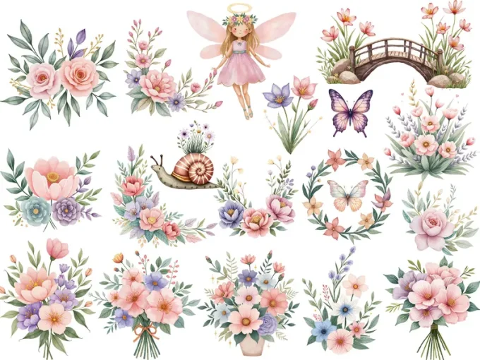 Watercolor magical garden pink fairies clipart Bundle, Cute fantasy ...