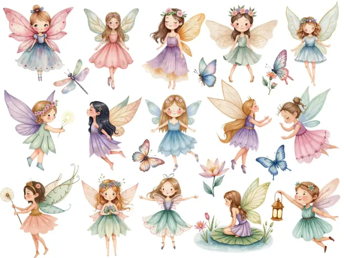 Watercolor magical garden pink fairies clipart Bundle, Cute fantasy ...